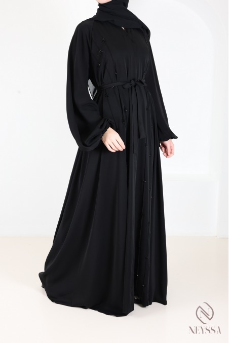 Black Dubai kimono abaya with flared cut and embroidered pearls