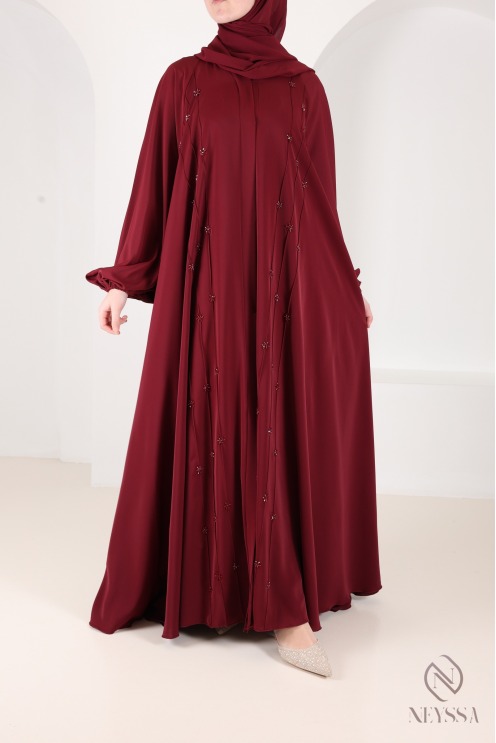 Abaya kimono Dubaï taupe coupe umbrella moderne, perles brodées