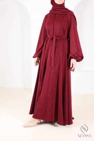 Dubai taupe kimono abaya with modern umbrella cut and bead embroidery