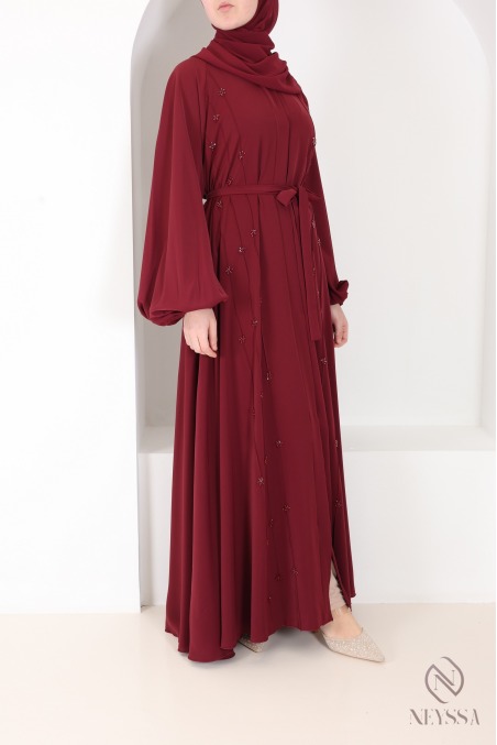 Abaya kimono Dubaï taupe coupe umbrella moderne, perles brodées