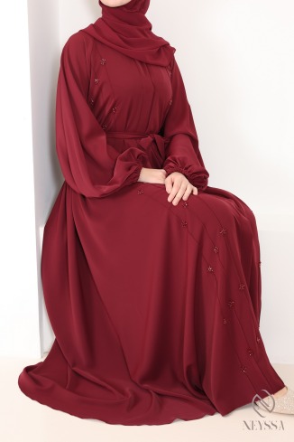 Abaya kimono Dubaï taupe coupe umbrella moderne, perles brodées 2