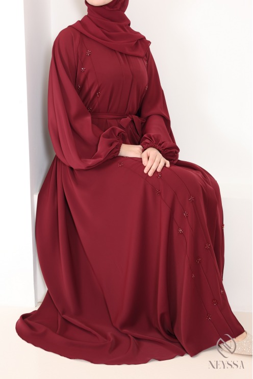 Abaya kimono Dubaï taupe coupe umbrella moderne, perles brodées