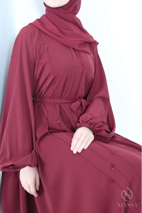 Dubai taupe kimono abaya with modern umbrella cut and bead embroidery
