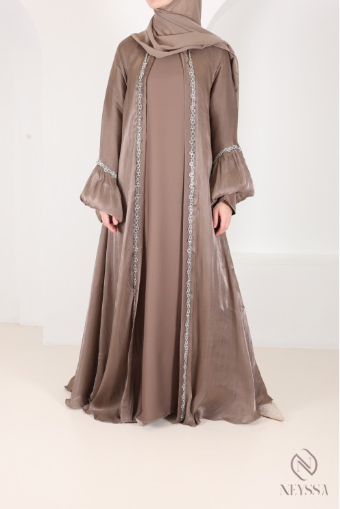 Abaya Kimono Dubai taupe mit Strass, trendiger Satin-Organza-Stoff