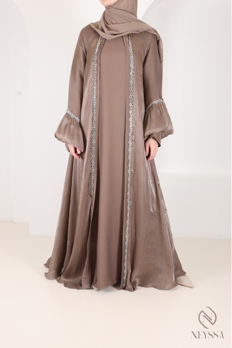 Abaya Kimono Dubai taupe mit Strass, trendiger Satin-Organza-Stoff