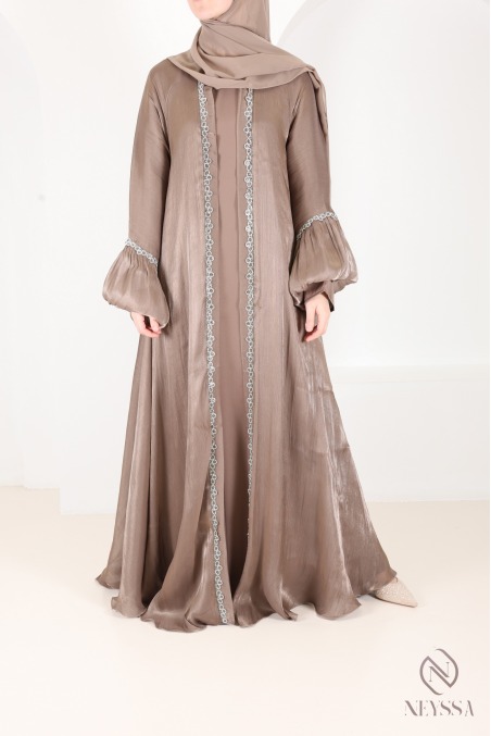 Dubai taupe kimono abaya with rhinestones, trendy satin organza fabric