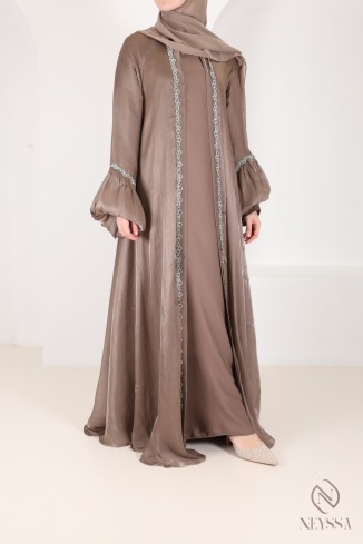 Abaya Kimono Dubai taupe mit Strass, trendiger Satin-Organza-Stoff
