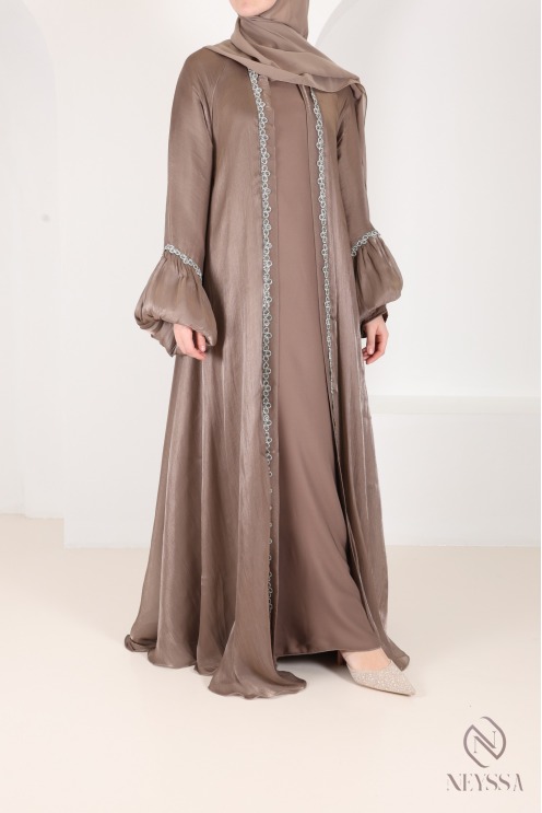 Abaya Kimono Dubai taupe mit Strass, trendiger Satin-Organza-Stoff