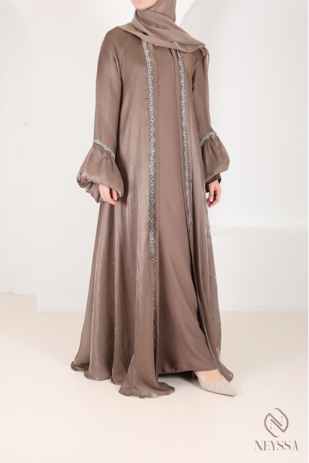 Dubai taupe kimono abaya with rhinestones, trendy satin organza fabric