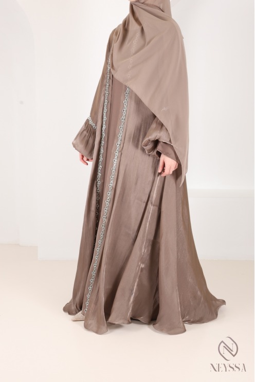 Abaya Kimono Dubai taupe mit Strass, trendiger Satin-Organza-Stoff