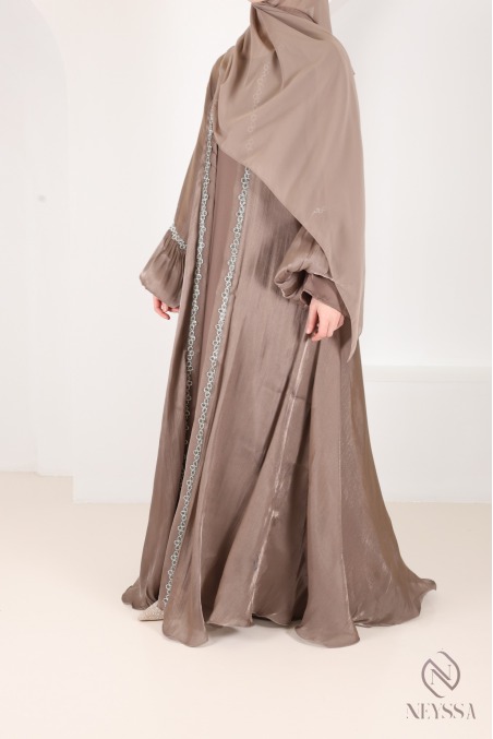 Dubai taupe kimono abaya with rhinestones, trendy satin organza fabric