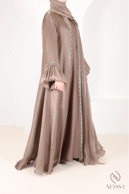 Dubai taupe kimono abaya with rhinestones, trendy satin organza fabric