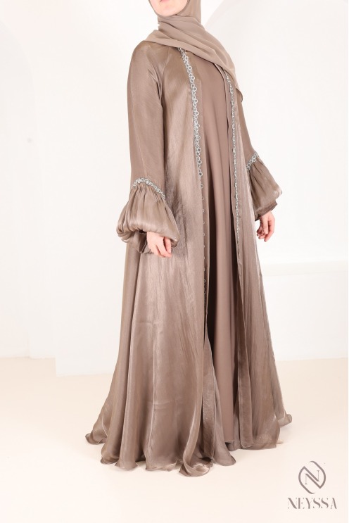 Dubai taupe kimono abaya with rhinestones, trendy satin organza fabric