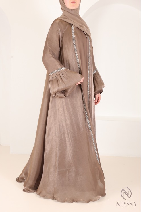 Abaya Kimono Dubai taupe mit Strass, trendiger Satin-Organza-Stoff