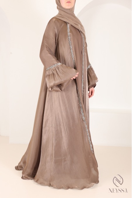 Dubai taupe kimono abaya with rhinestones, trendy satin organza fabric