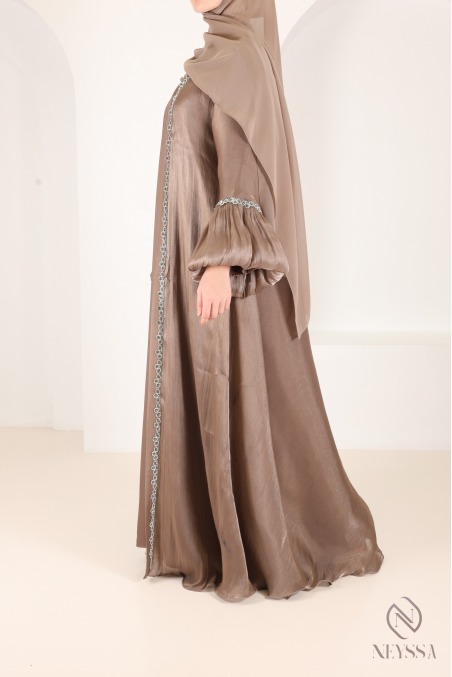 Dubai taupe kimono abaya with rhinestones, trendy satin organza fabric