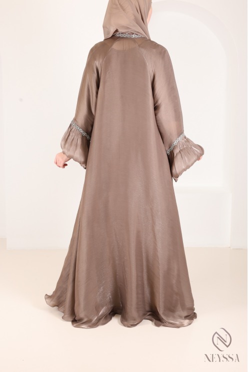Dubai taupe kimono abaya with rhinestones, trendy satin organza fabric