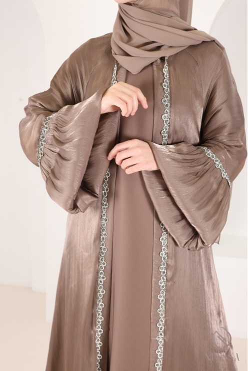 Abaya Kimono Dubai taupe mit Strass, trendiger Satin-Organza-Stoff