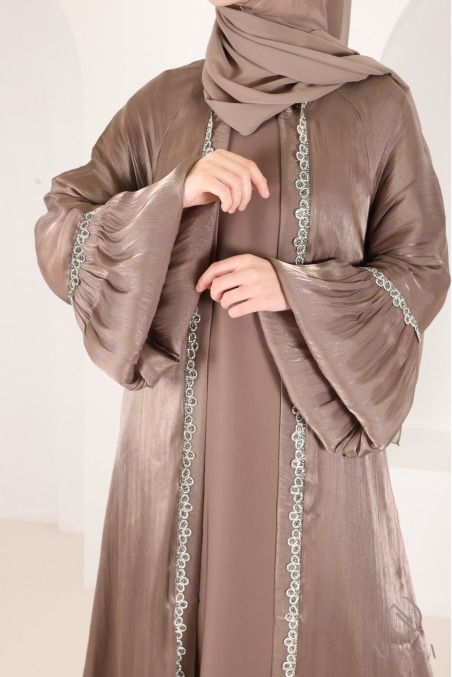 Dubai taupe kimono abaya with rhinestones, trendy satin organza fabric