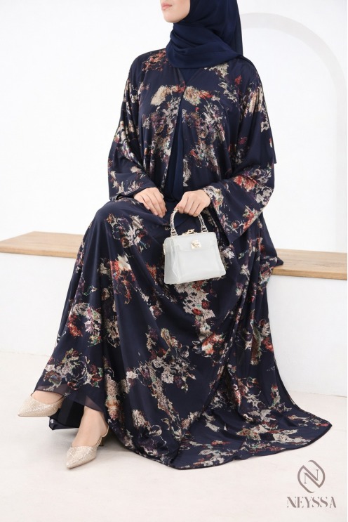 Dubai abaya kimono in blue chiffon with trendy hijabi patterns