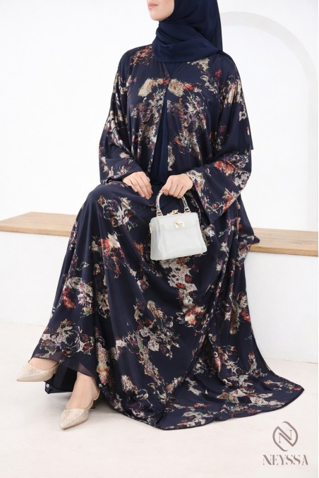 Abaya Dubaï kimono bleu en mousseline à motifs hijabi tendance
