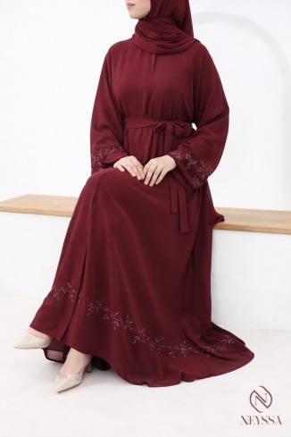 Abaya Dubai Kimono aus burgunderrotem Musselin, trendiger Hijabi-Eid 2