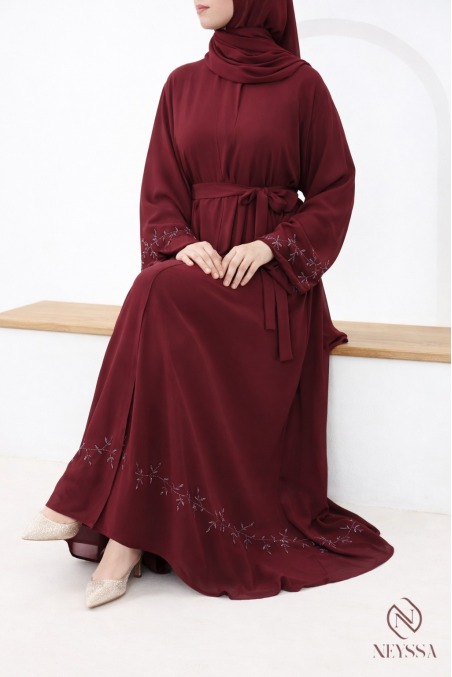 Abaya Dubai Kimono aus burgunderrotem Musselin, trendiger Hijabi-Eid