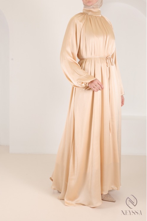 Elegant satin maxi dress with puff sleeves, chic outfit