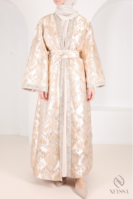 Beiges/goldenes Brokat-Kimono-Kleid mit Unterkleid