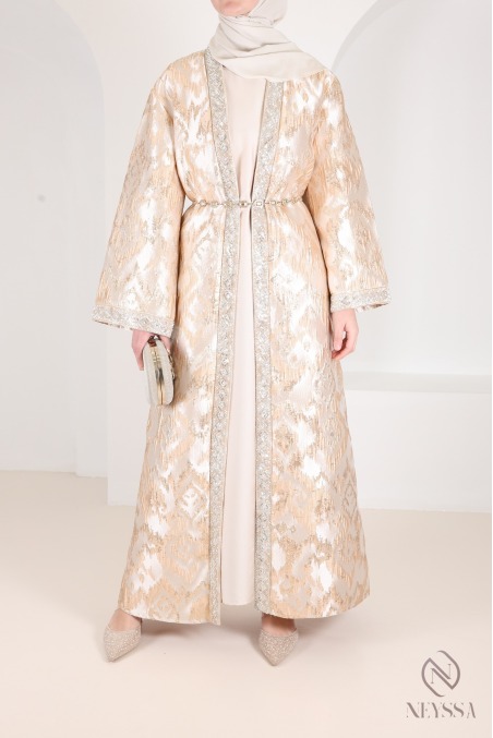 Robe kimono brocart beige/doré avec sous robe, idée tenue Aïd