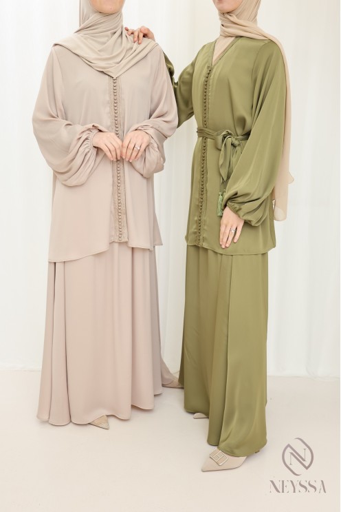 Ensemble tunique longue avec jupe beige,  pour femme voilée pour l'Aïd