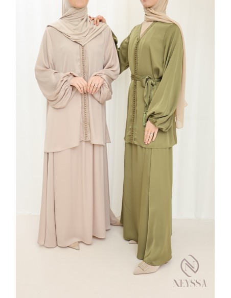 Ensemble tunique longue avec jupe beige,  pour femme voilée pour l'Aïd