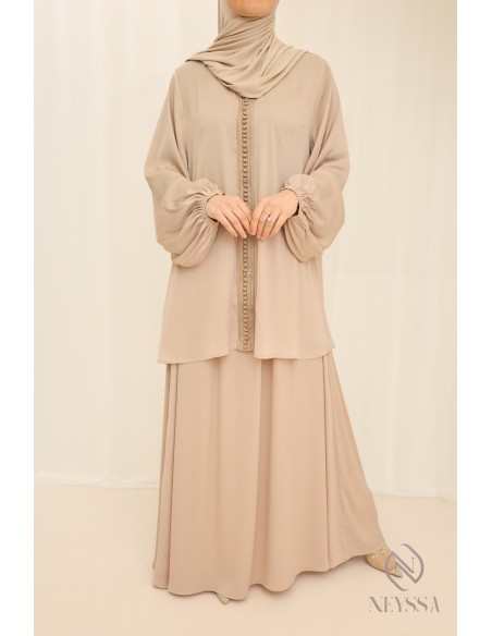 Ensemble tunique longue avec jupe beige,  pour femme voilée pour l'Aïd