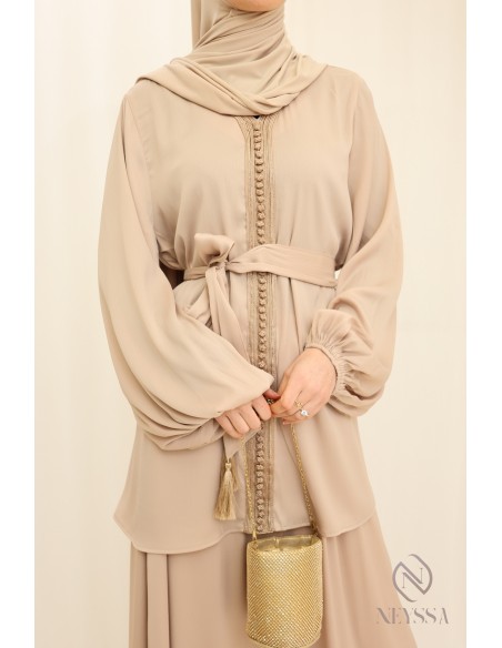 Ensemble tunique longue avec jupe beige,  pour femme voilée pour l'Aïd