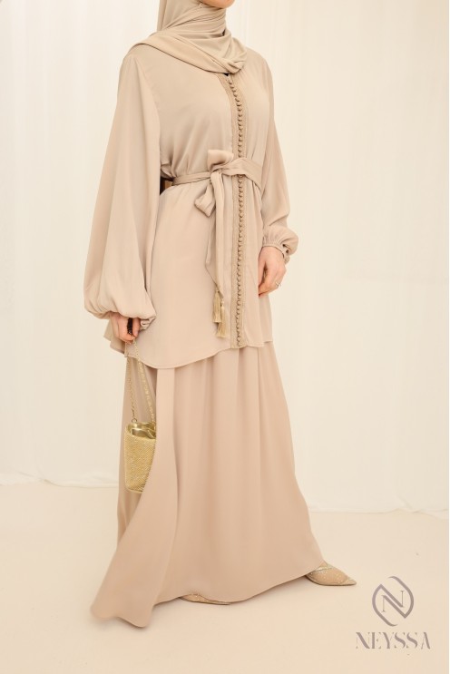 Ensemble tunique longue avec jupe beige,  pour femme voilée pour l'Aïd