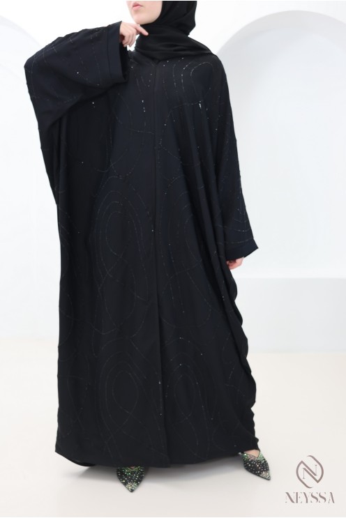 Abaya Dubai Kimono mit Schmetterlingsschnitt in Schwarz mit Strass