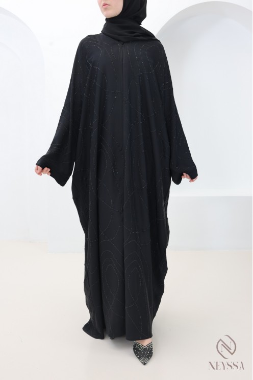 Abaya Dubai Kimono mit Schmetterlingsschnitt in Schwarz mit Strass