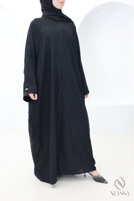 Abaya Dubaï kimono coupe papillon noir avec strass femme