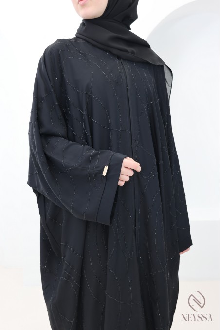 Black butterfly-cut Dubai kimono abaya with rhinestones for women