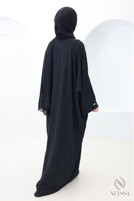 Black butterfly-cut Dubai kimono abaya with rhinestones for women