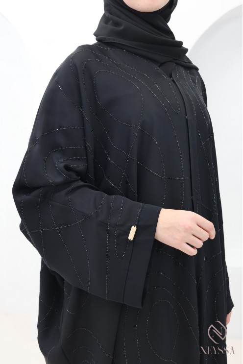 Abaya Dubai Kimono mit Schmetterlingsschnitt in Schwarz mit Strass