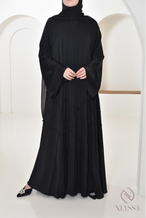 Abaya Dubai Schwarz muslimische Frau, ausgestellter Schnitt mit Perlen