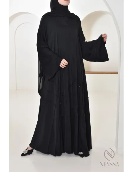 Abaya Dubaï Noir femme musulmane, coupe évasée avec perlages, hijabi