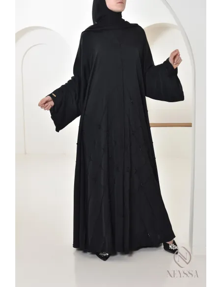 Abaya Dubaï Noir femme musulmane, coupe évasée avec perlages, hijabi