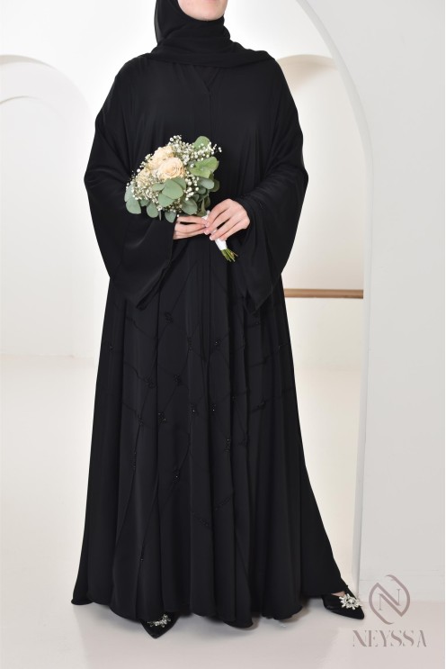 Abaya Dubaï Noir femme musulmane, coupe évasée avec perlages, hijabi