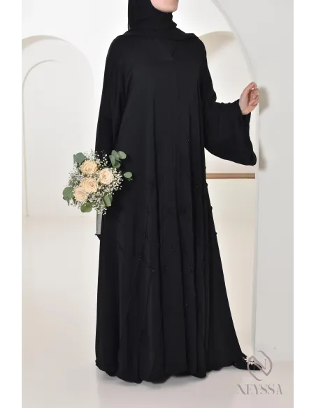 Abaya Dubai Black Muslim woman, flared cut with beading, hijabi