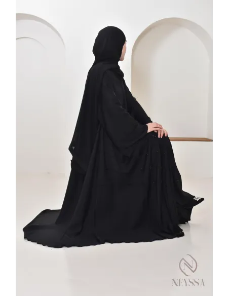 Abaya Dubaï Noir femme musulmane, coupe évasée avec perlages, hijabi