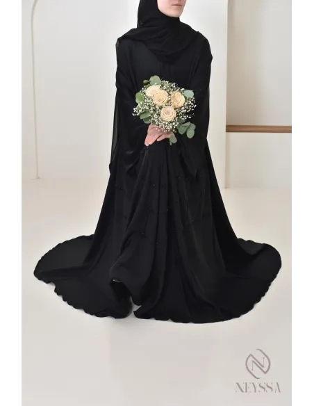 Abaya Dubai Black Muslim woman, flared cut with beading, hijabi