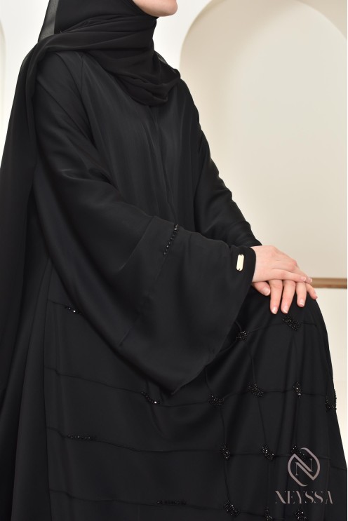 Abaya Dubai Black Muslim woman, flared cut with beading, hijabi