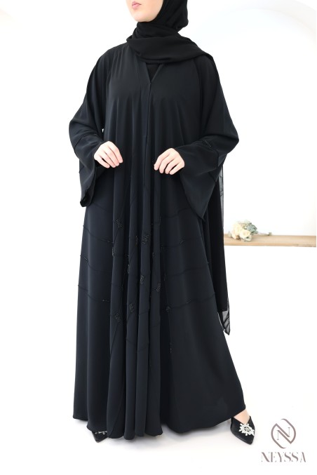 Abaya Dubai Black Muslim woman, flared cut with beading, hijabi